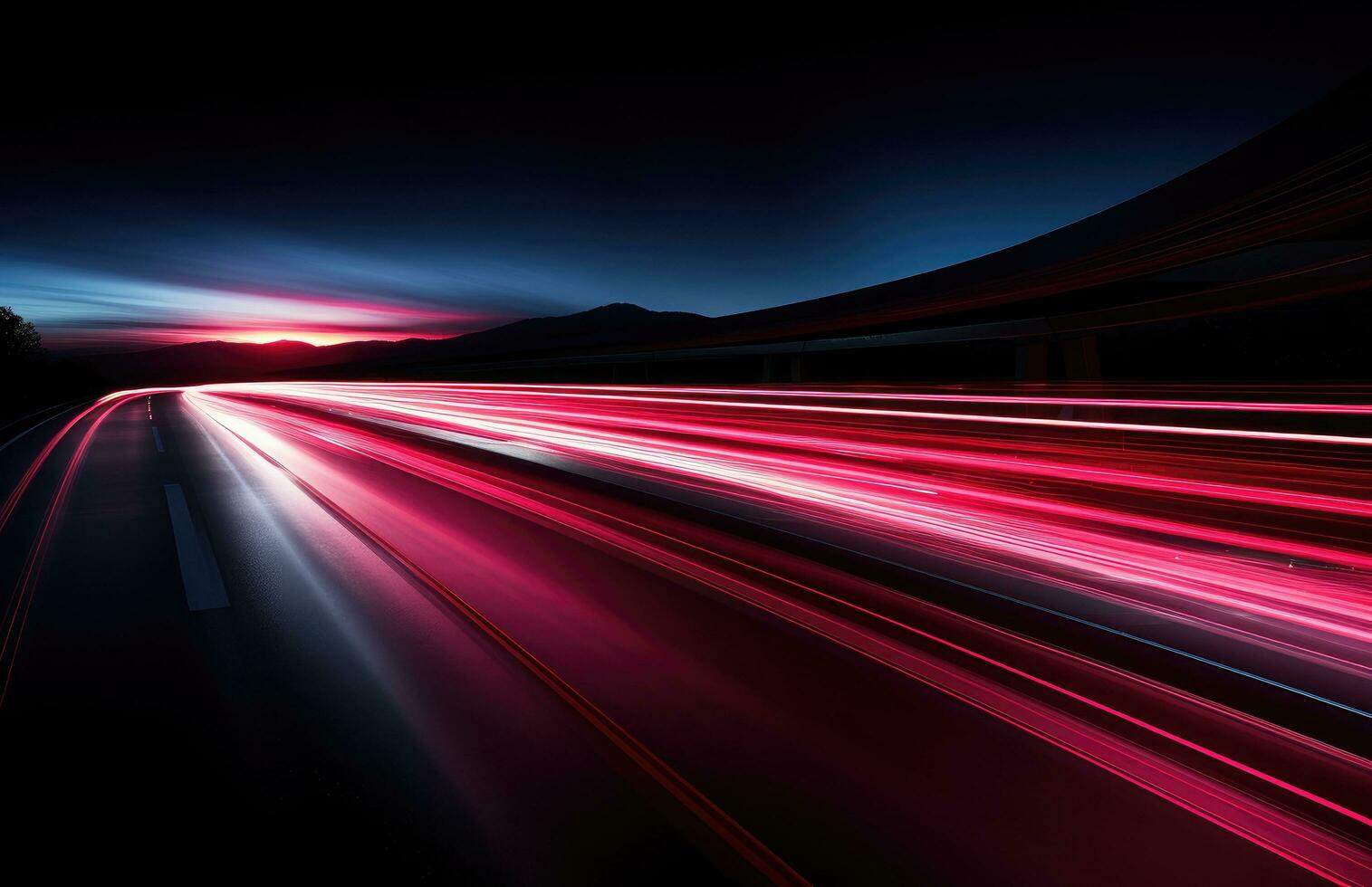 AI generated a long exposure shot of automobiles leaving a red light trail on the black highway photo
