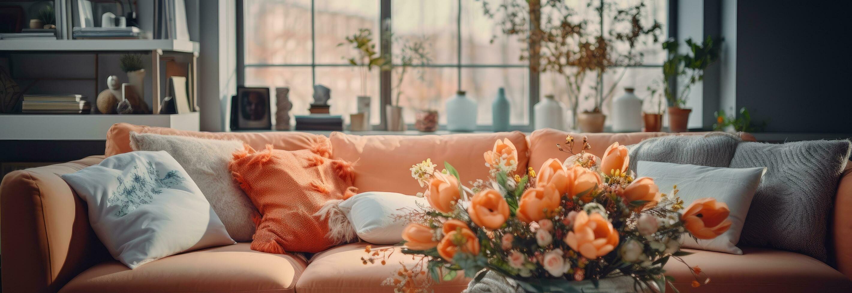 AI generated a living room with a large window and orange sofa photo
