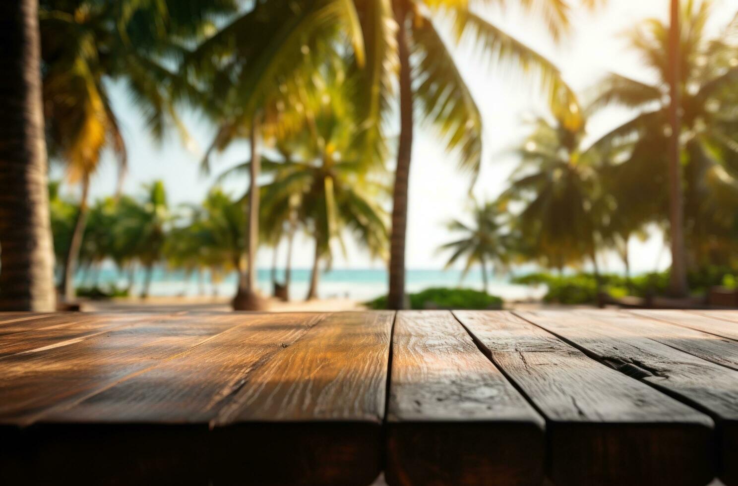 AI generated a wooden table with palm trees in the background photo