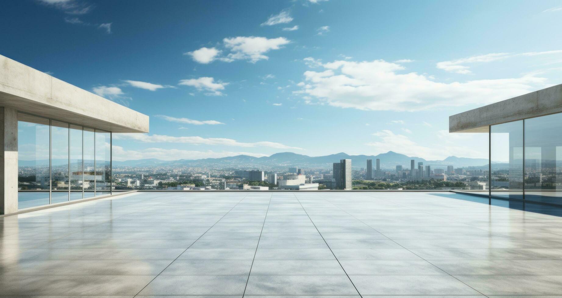 ai generado plano hormigón edificio con cielo y nubes y ciudad antecedentes foto