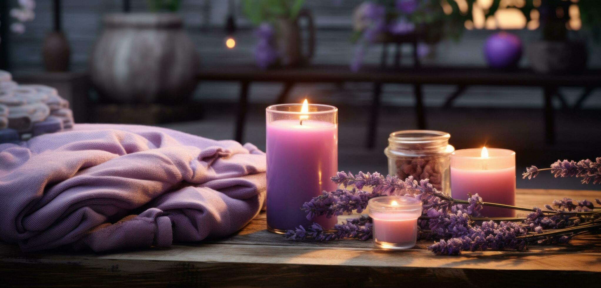 AI generated lavender candle is placed next to several candles on the wooden bench photo