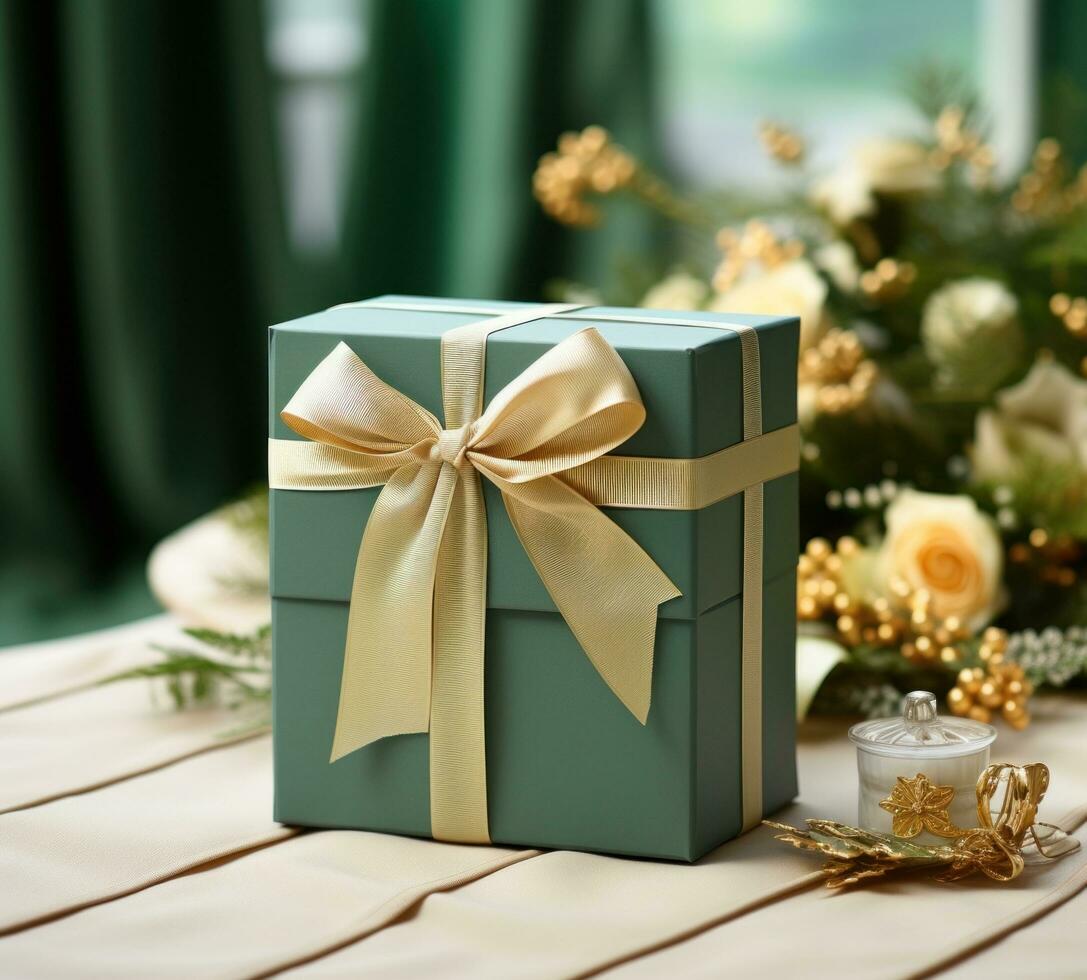 ai generado verde regalo caja con oro cinta foto