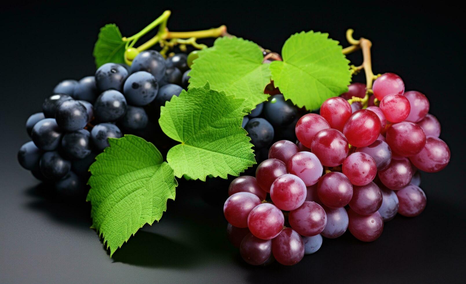 ai generado uvas y negro uvas fueron mostrado en blanco antecedentes foto