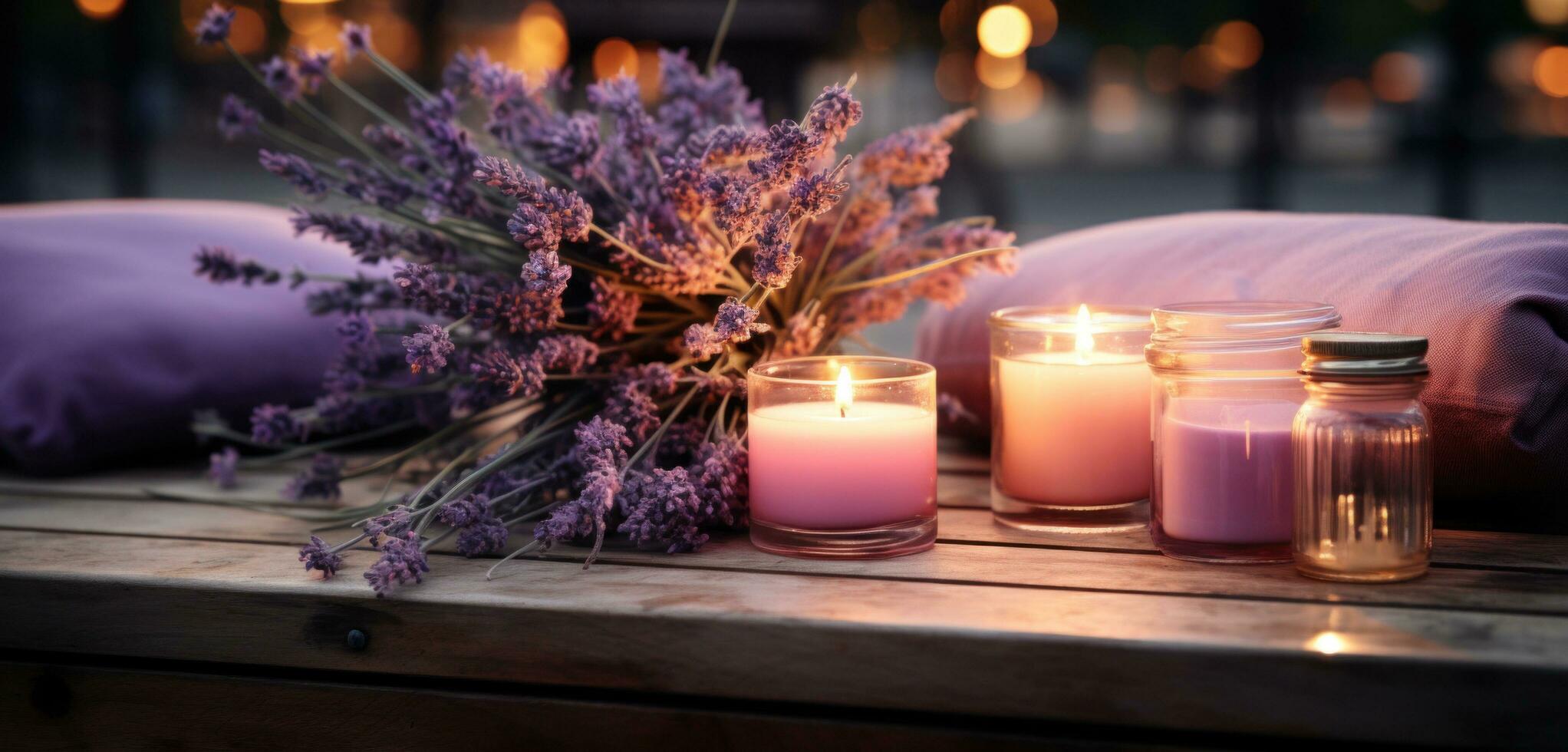 AI generated lavender candle is placed next to several candles on the wooden bench photo