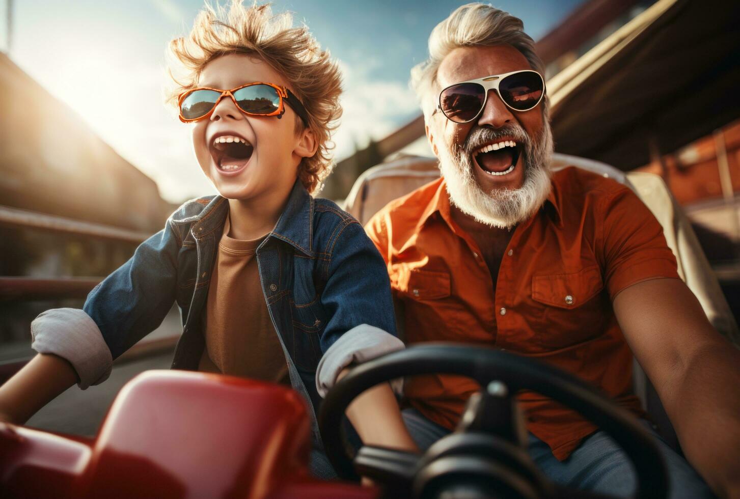 AI generated father and son driving a racing car photo