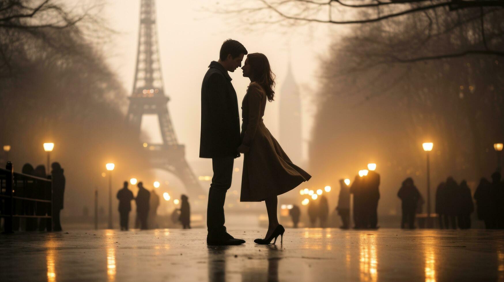 AI generated A couple posing in front of a famous landmark in a bustling city, with arms around each other photo