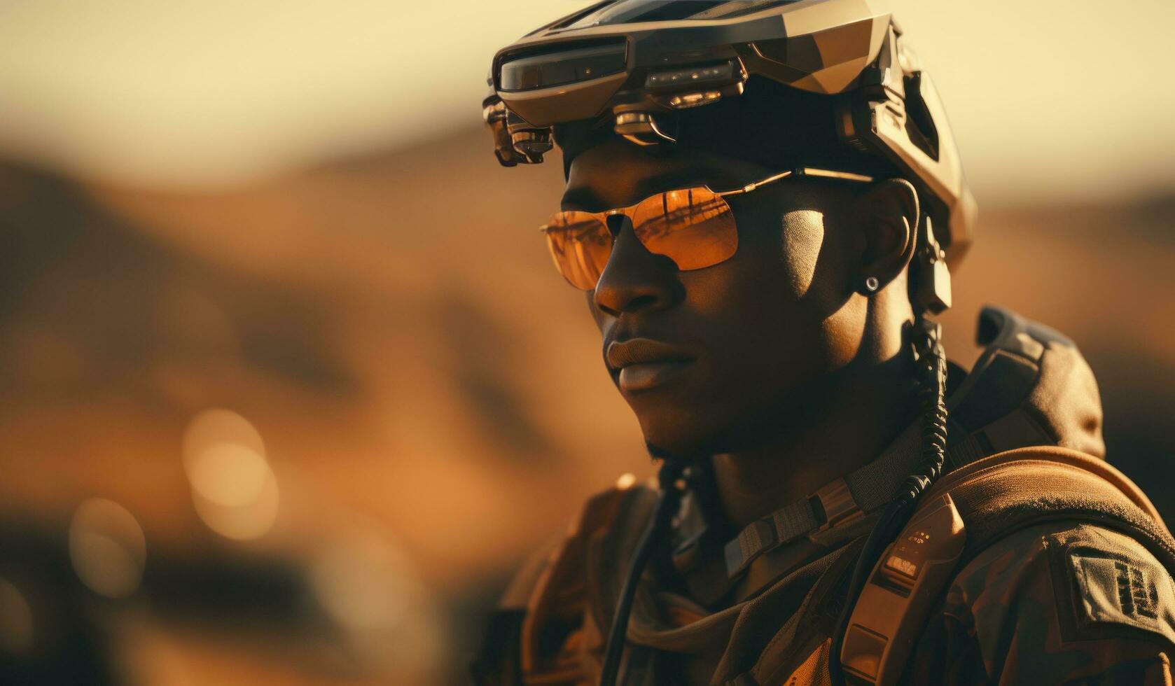 AI generated soldier looks at a drone in the deser photo