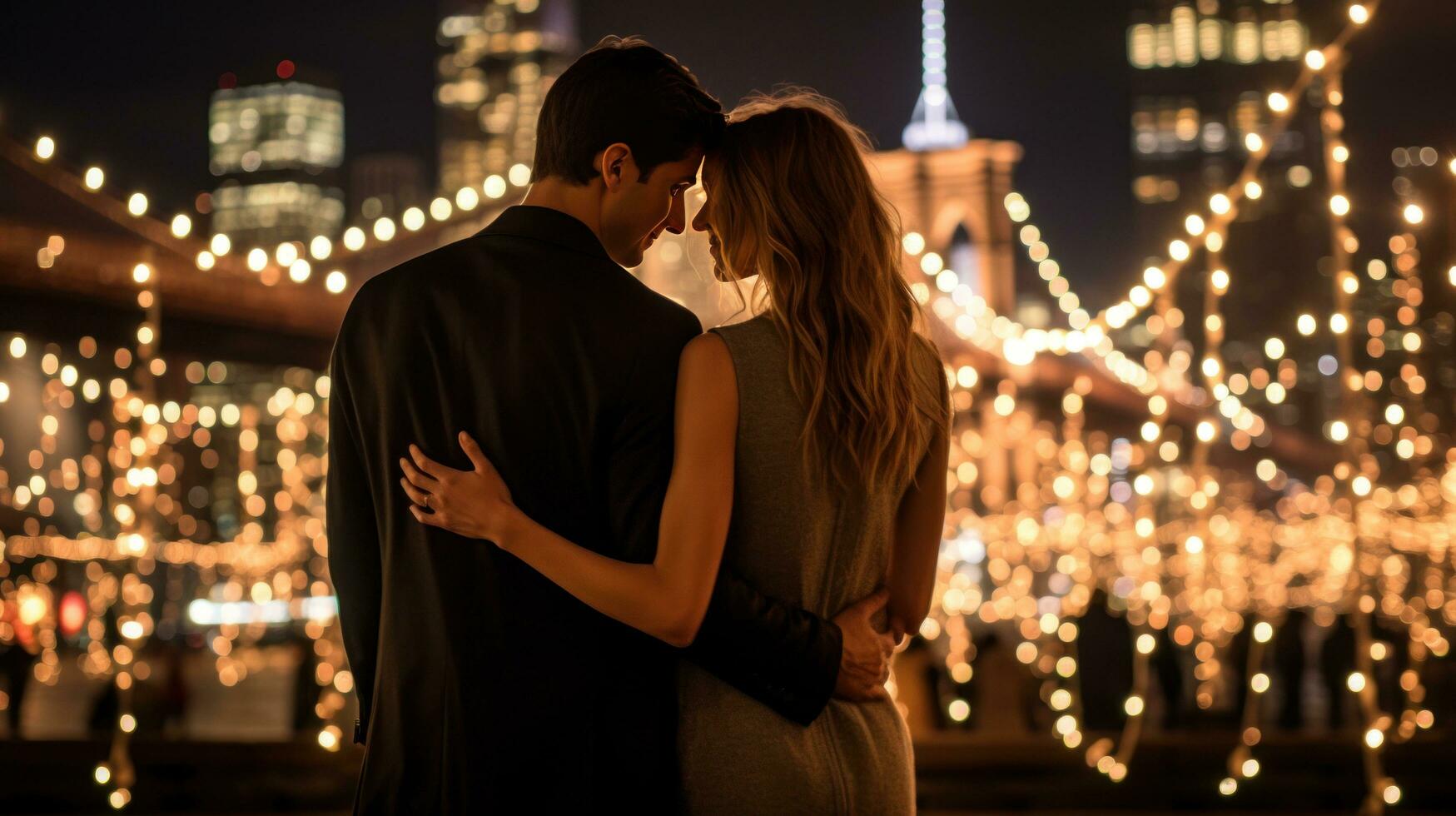 ai generado un Pareja posando en frente de un famoso punto de referencia en un bullicioso ciudad, con brazos alrededor cada otro foto