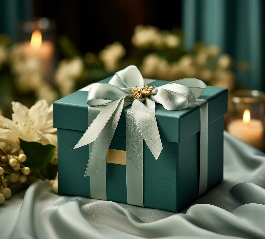 AI generated green gift box with gold ribbon photo