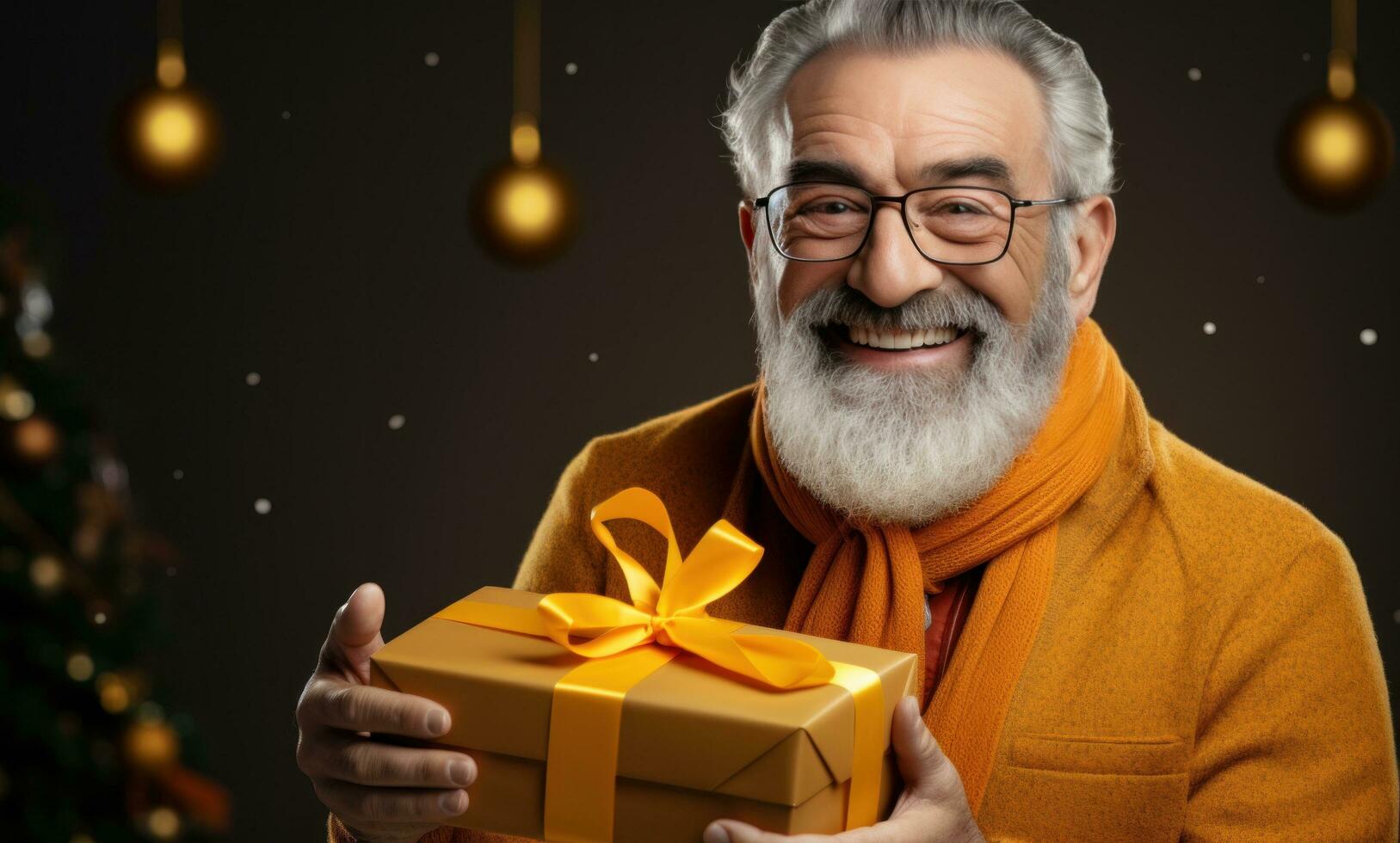 AI generated happy man in glasses holding a yellow gift box photo