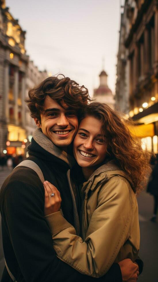 ai generado un Pareja posando en frente de un famoso punto de referencia en un bullicioso ciudad, con brazos alrededor cada otro foto