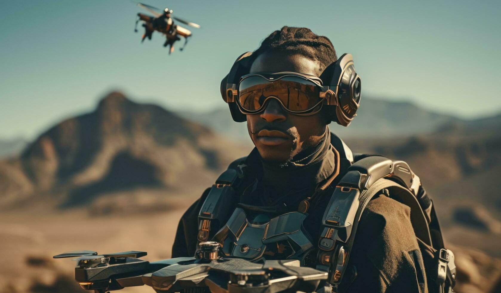 AI generated soldier looks at a drone in the deser photo
