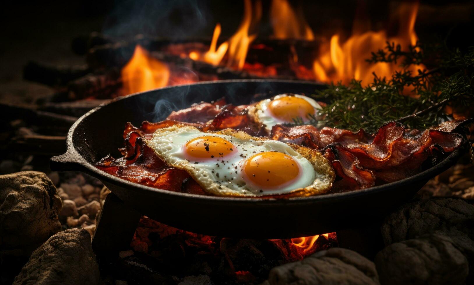 AI generated crispy bacon and eggs on the fire photo