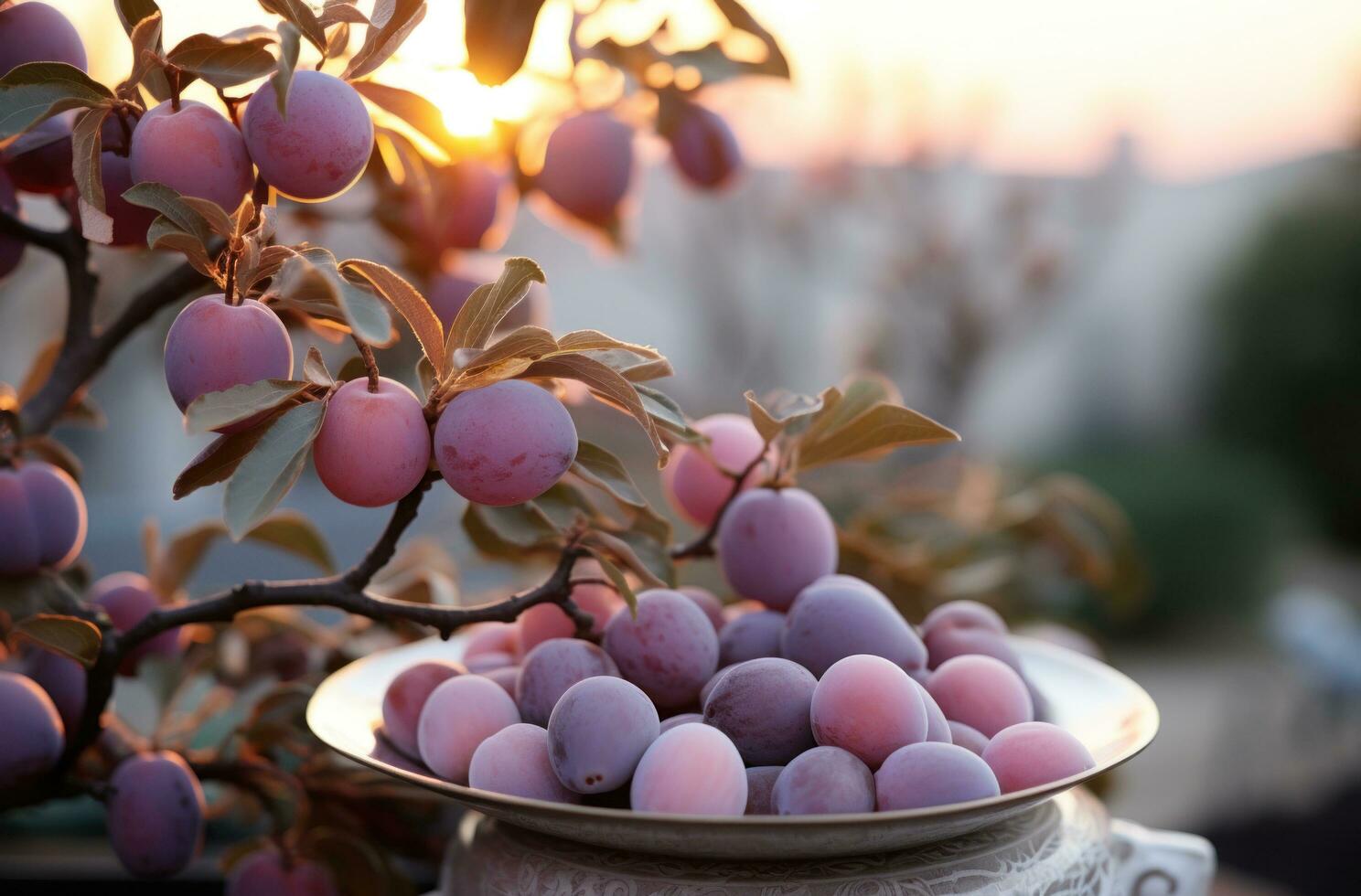 ai generado ciruela árbol a puesta de sol con lleno naranja fruta, foto