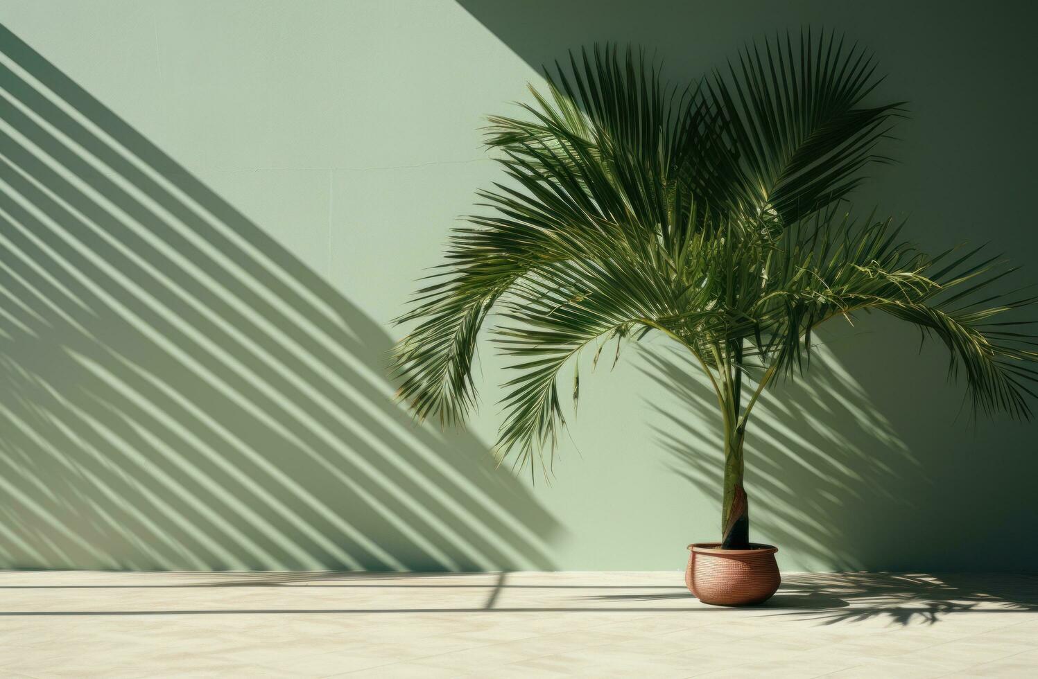 AI generated palm tree in shadow over a green wall photo