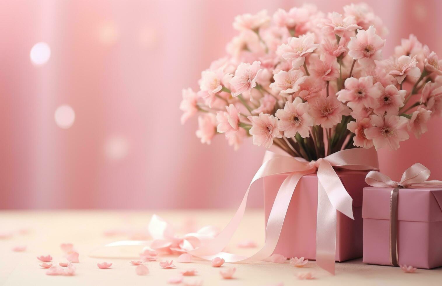 AI generated pink flowers with a gift and pink ribbons on a pink table photo