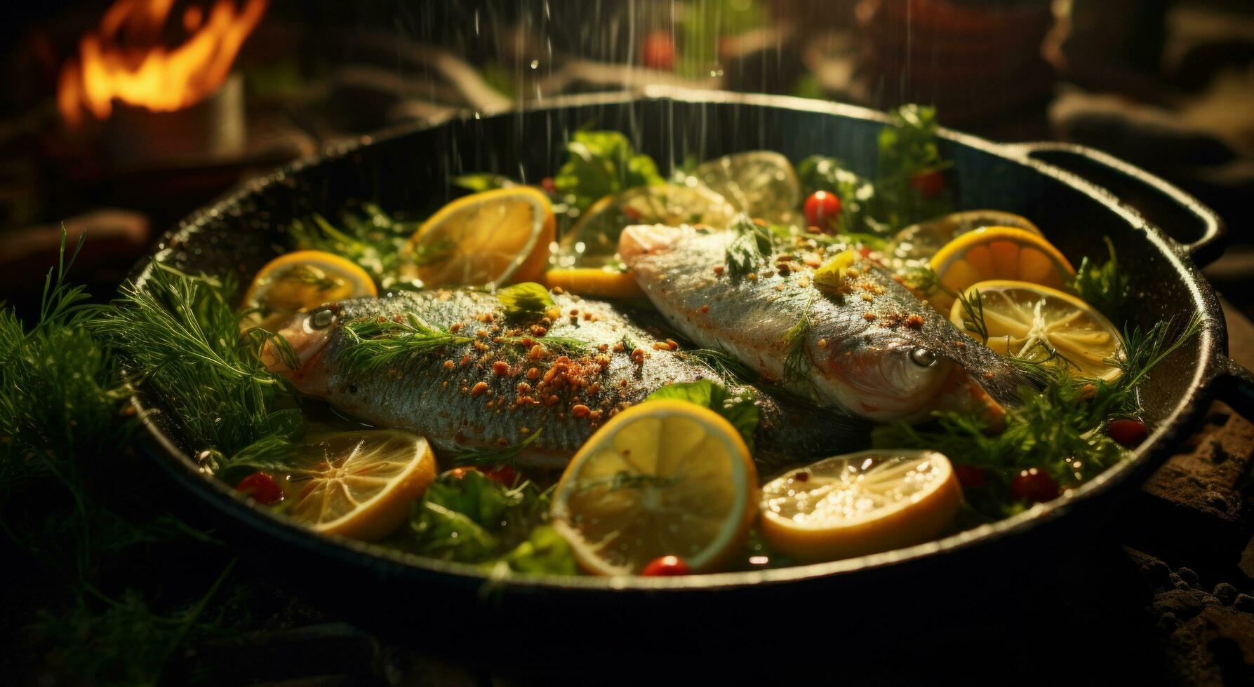AI generated the pan has fresh fish and lemon slices around a fork photo
