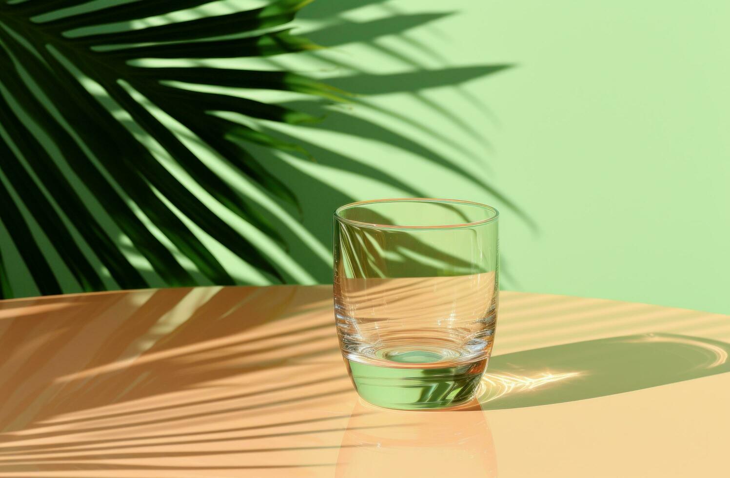 AI generated the shadow of a palm leaf is seen in the background over a green table photo