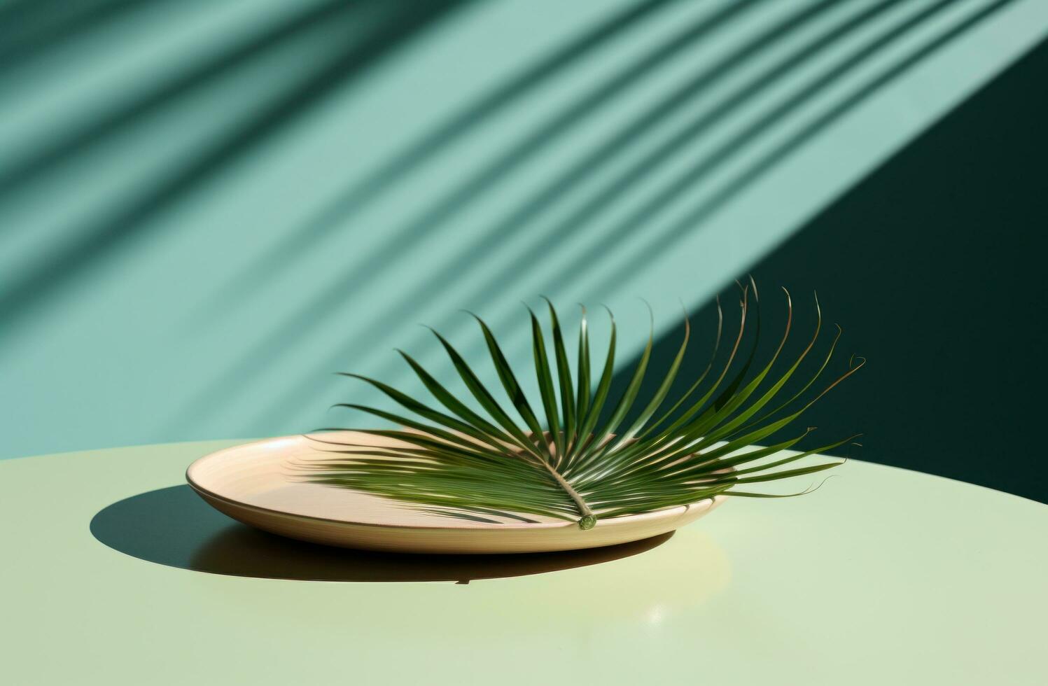 AI generated the shadow of a palm leaf is seen in the background over a green table photo