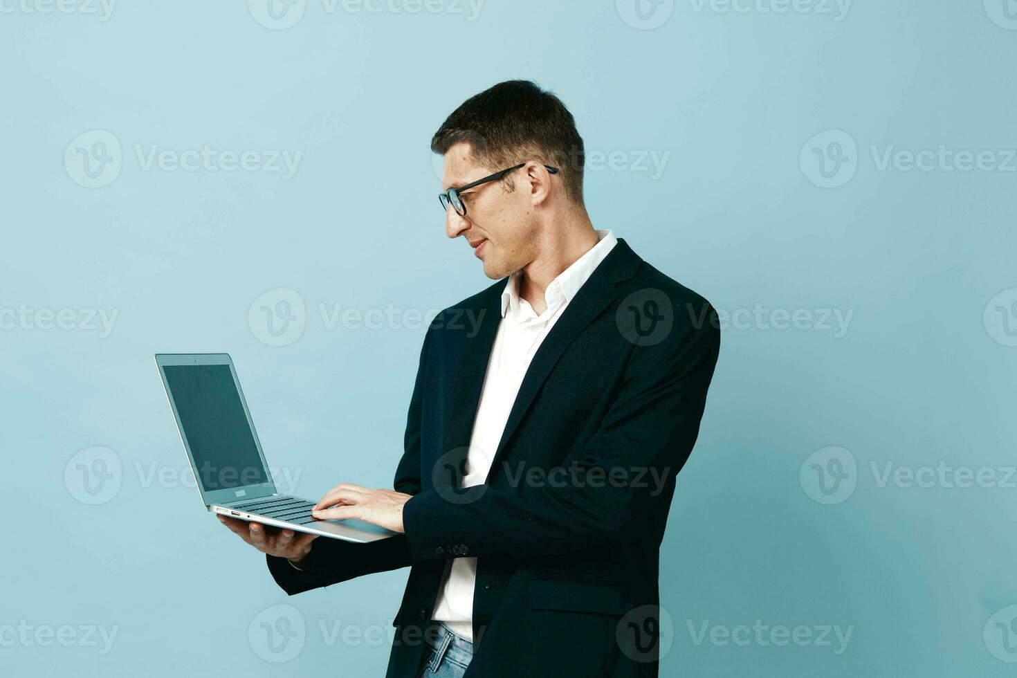 Modern man job business background using adult laptop computer working businessman young office photo