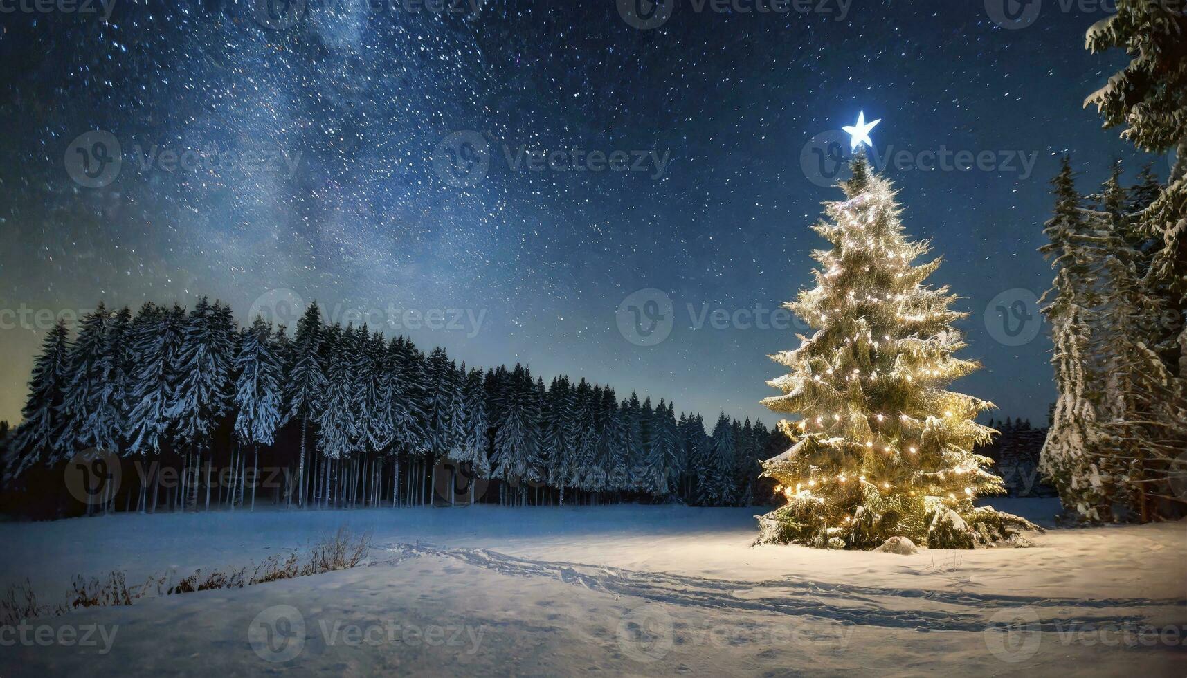AI generated Enchanted Winter Night. A Majestic Illuminated Christmas Tree Stands Tall in a Snowy Meadow, Surrounded by a Dense Pine Forest, Bathed in the Glow of Starry Night Skies. photo