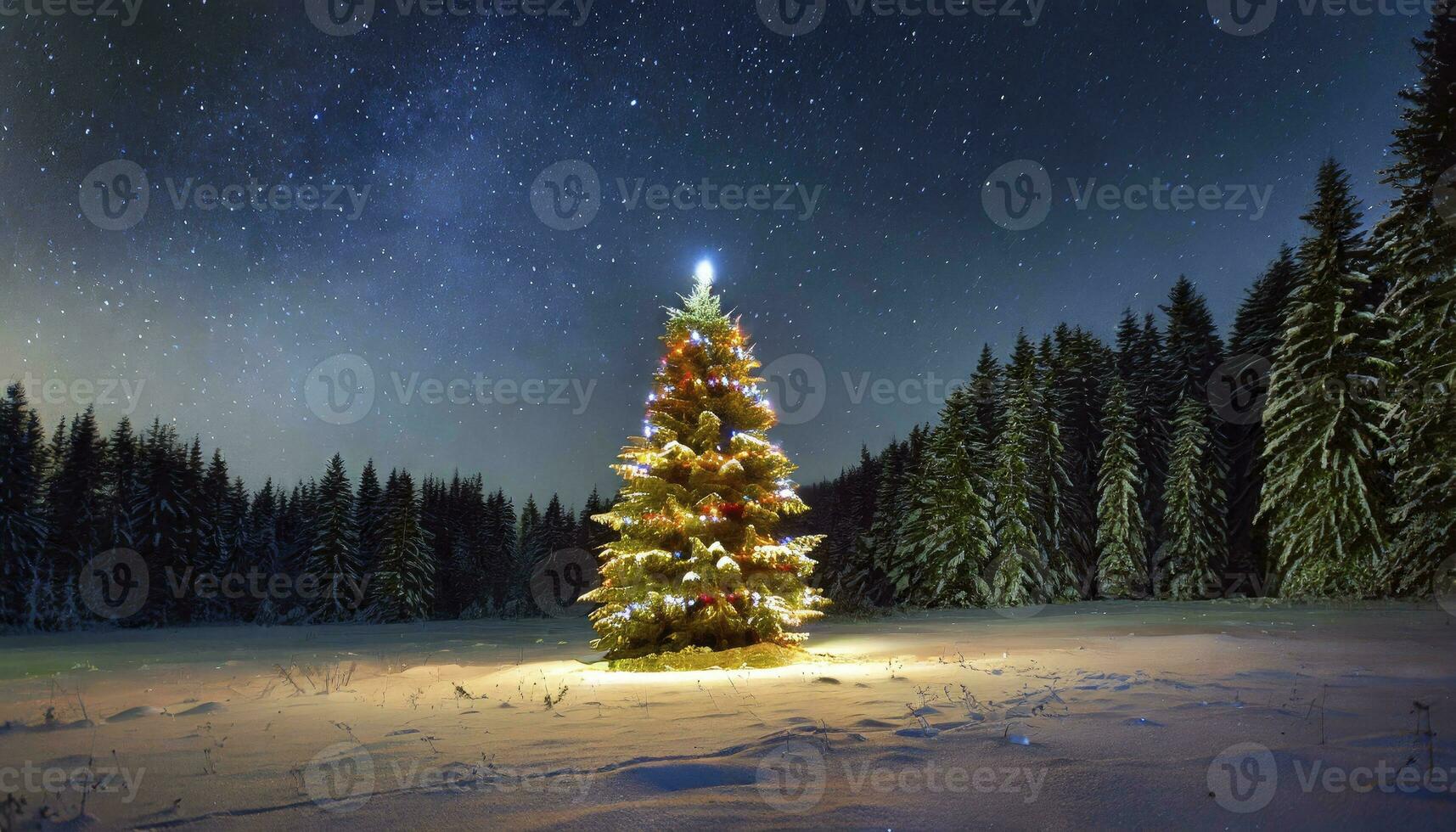 AI generated Enchanted Winter Night. A Majestic Illuminated Christmas Tree Stands Tall in a Snowy Meadow, Surrounded by a Dense Pine Forest, Bathed in the Glow of Starry Night Skies. photo