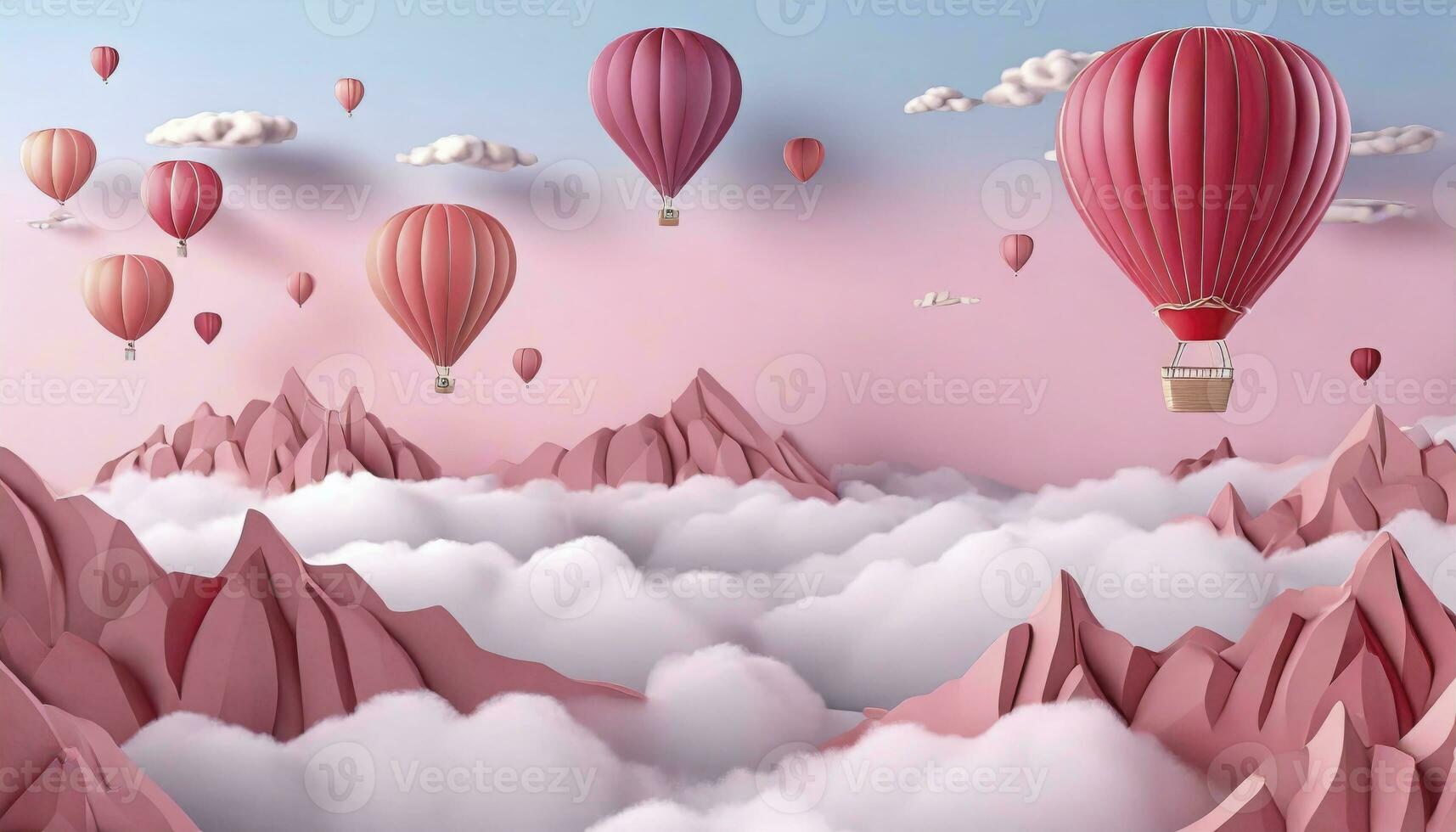 AI generated Skyward Sojourn. Hot Air Balloons Serenely Floating Above the Clouds, Embarking on a Dreamlike Journey Through the Azure Skies. photo