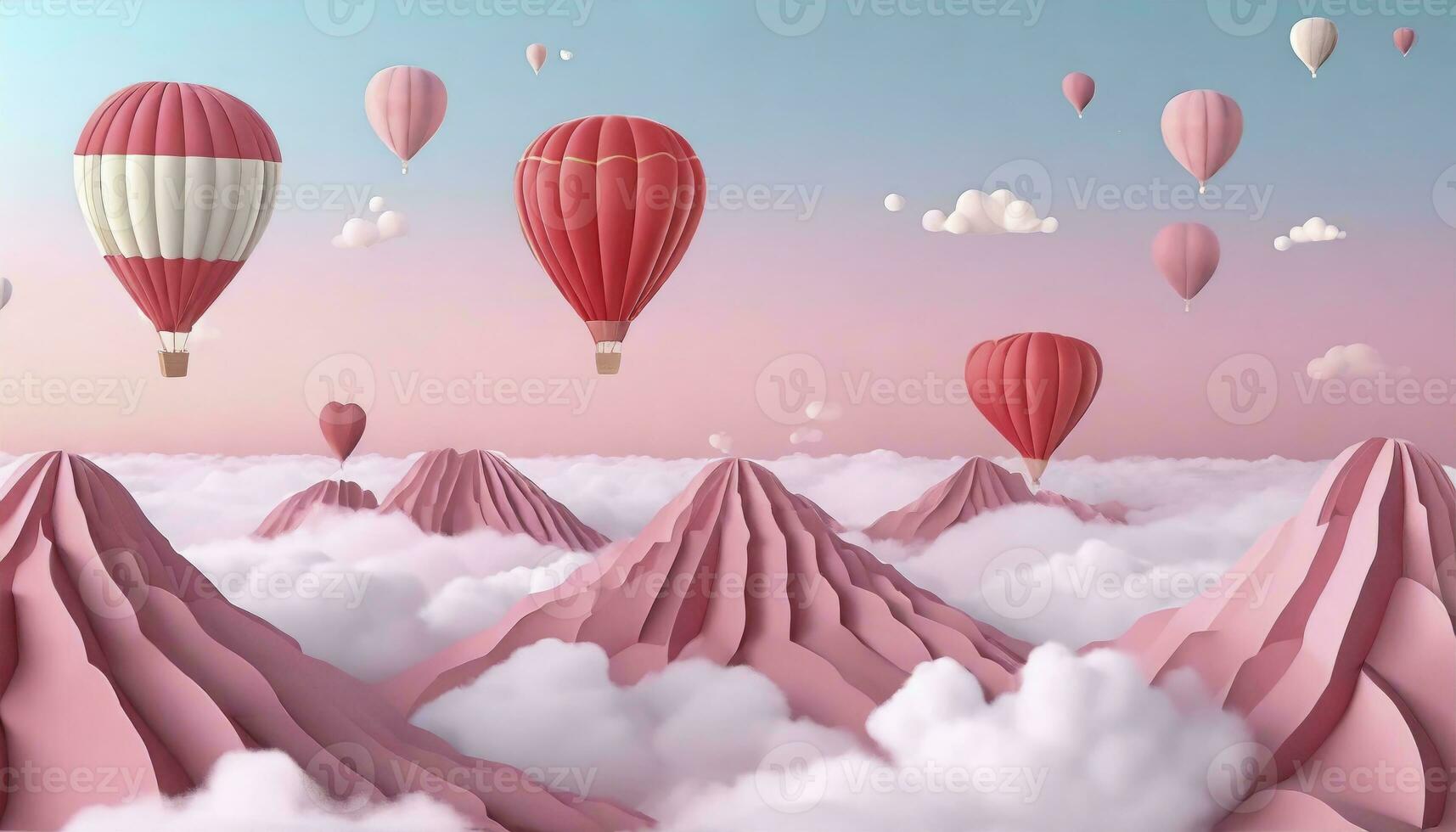 AI generated Skyward Sojourn. Hot Air Balloons Serenely Floating Above the Clouds, Embarking on a Dreamlike Journey Through the Azure Skies. photo