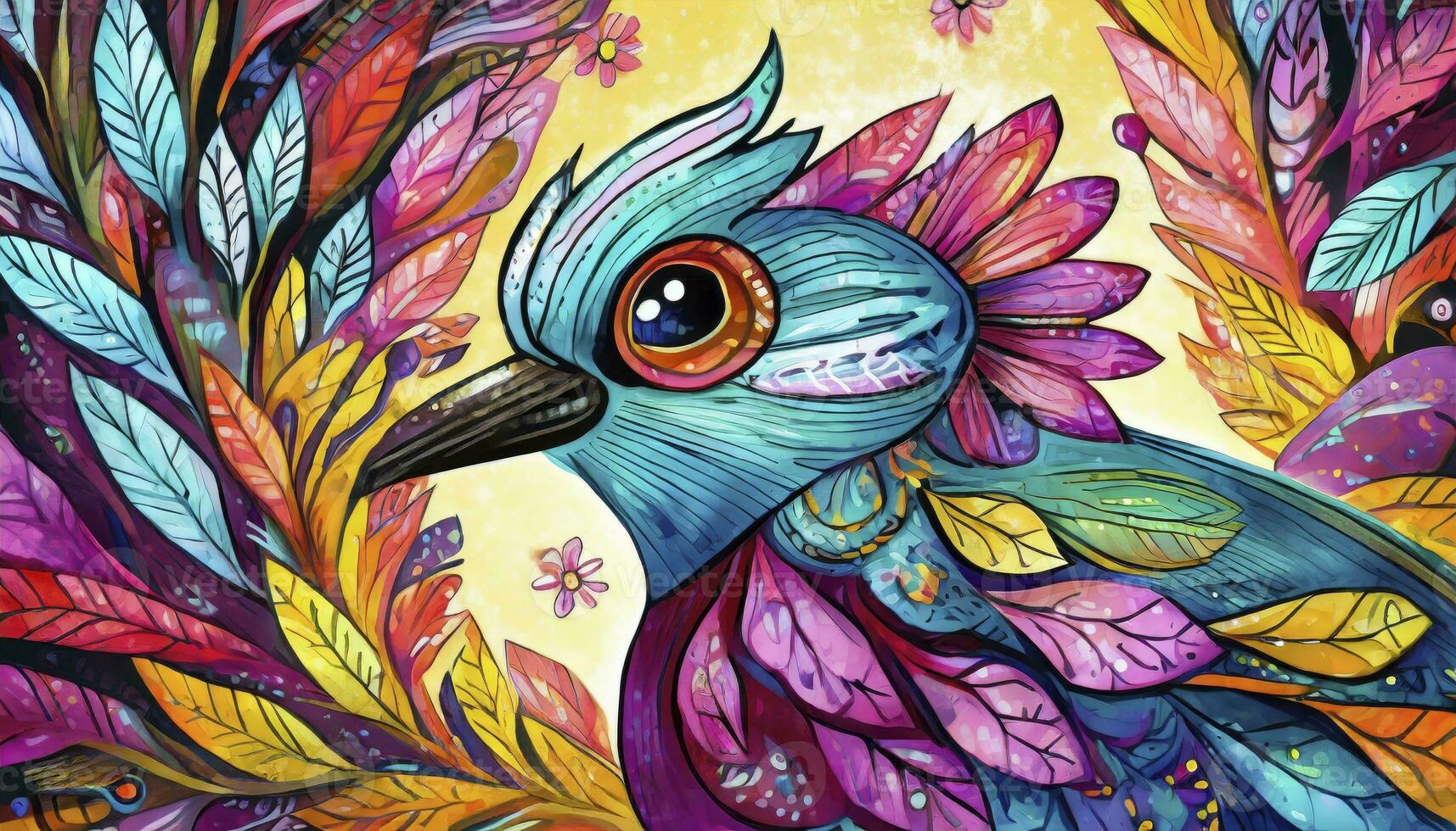 AI generated Blossoming Stunning Close-Up Shot of a Bird with Feathers Resembling Vibrant Flowers, Capturing Nature's Beauty in Full Bloom. photo