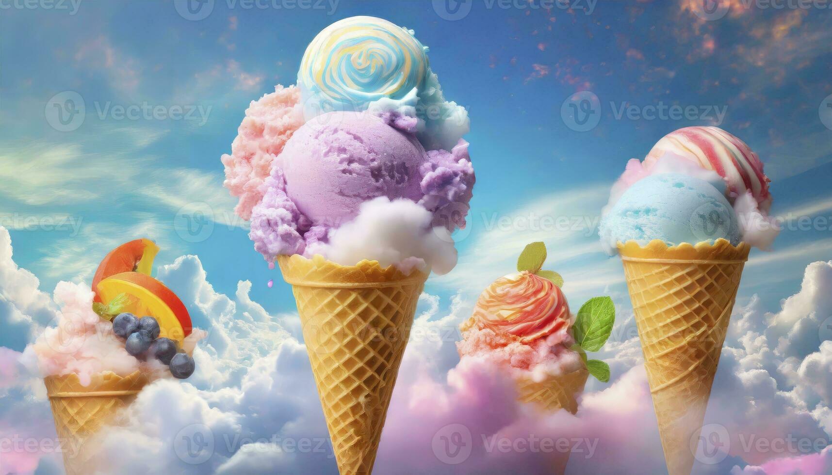 AI generated A Whimsical Display of Ice Cream Swirl Cones, Crafted as Food Art, Against a Dreamy Pastel Background with Floating Clouds. photo