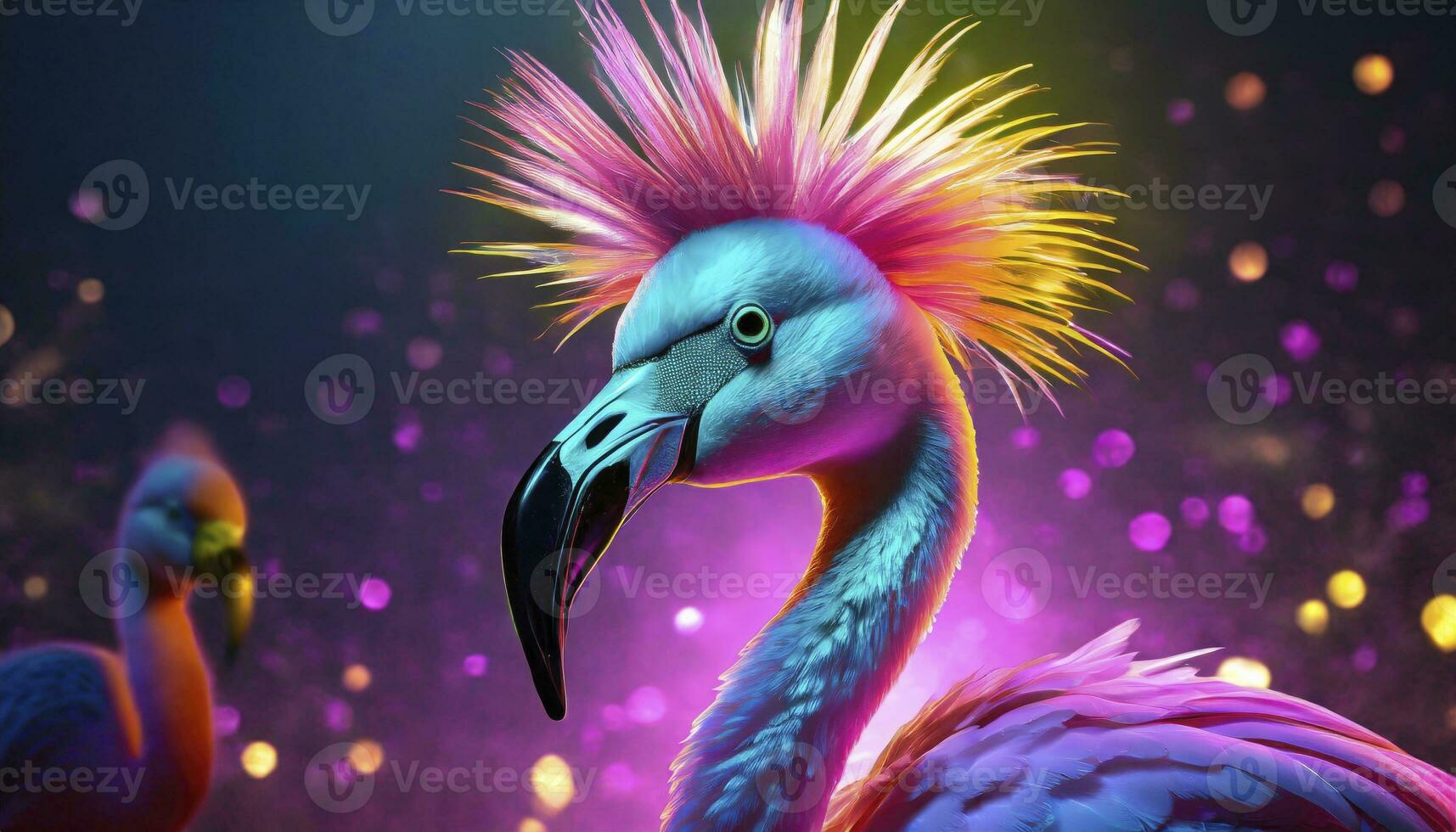 AI generated Feathered Rebel Punk Rock Flamingo Sporting a Stylish Mohawk, Redefining Avian Coolness with Attitude and Flair. photo