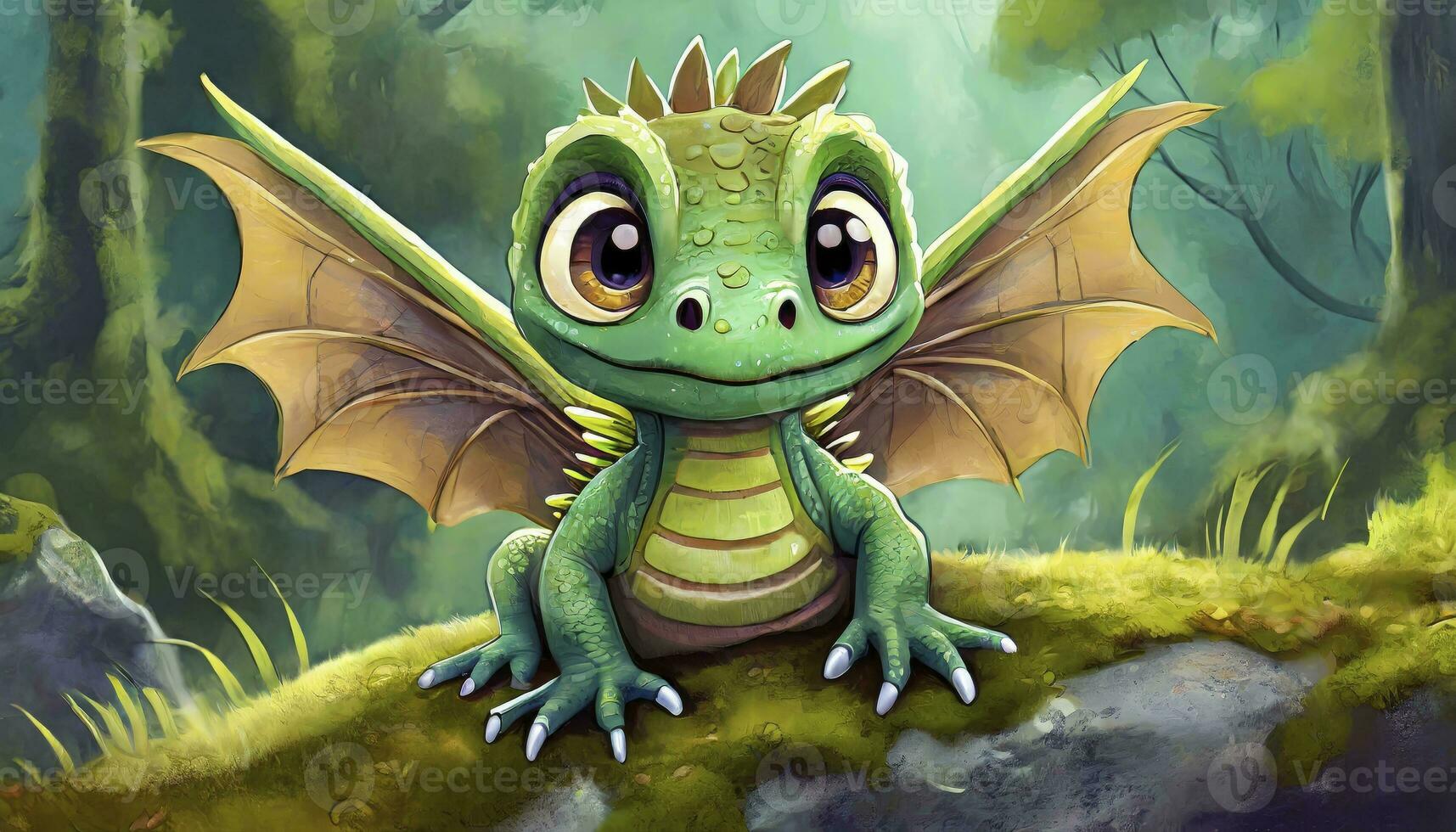 AI generated Enchanting Ancestor. An Adorable Prehistoric Reptilian Creature, with Big Eyes and Wings, Perched Gracefully on a Mossy Rock, Transporting Us to a Mesmerizing Epoch. photo