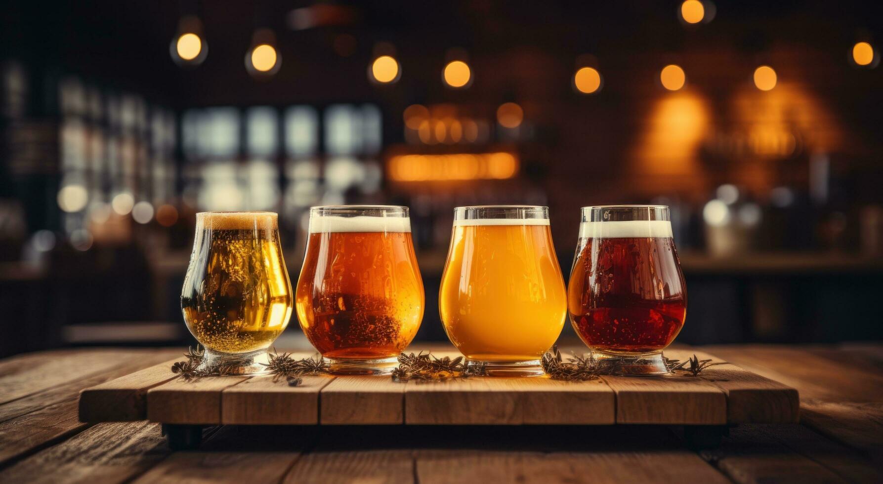 AI generated three beer glasses sitting on top of wooden table photo