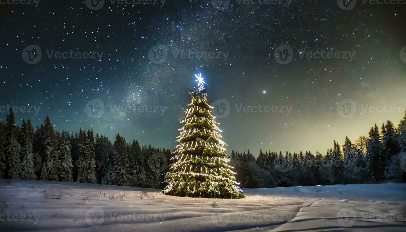 AI generated Enchanted Winter Night. A Majestic Illuminated Christmas Tree Stands Tall in a Snowy Meadow, Surrounded by a Dense Pine Forest, Bathed in the Glow of Starry Night Skies. photo
