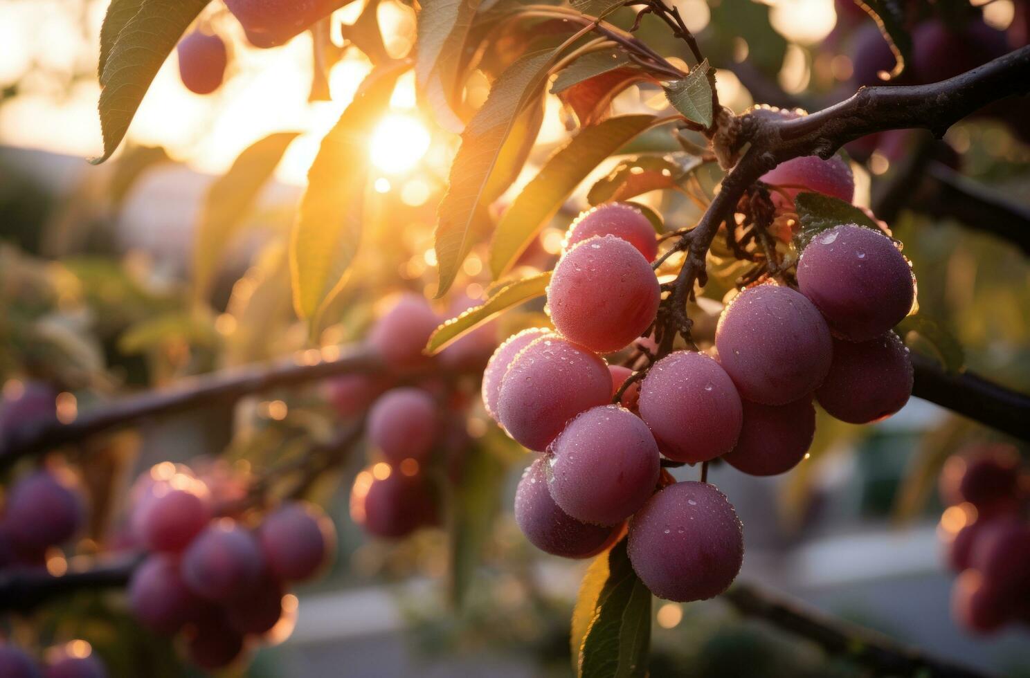 ai generado Dom que cae en un ciruela árbol a puesta de sol foto