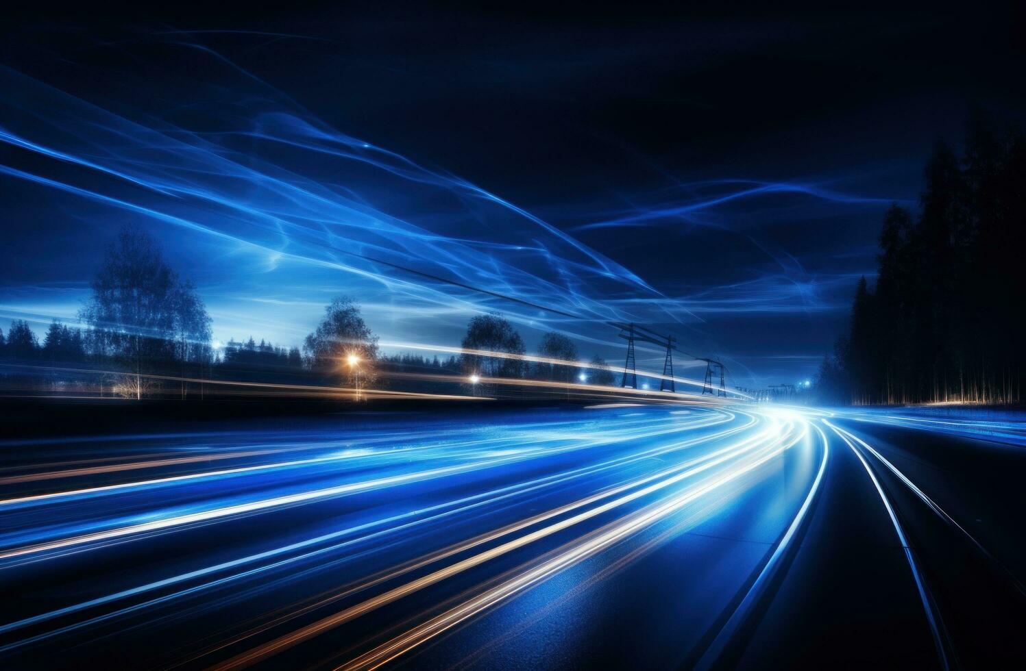 AI generated the light trails of cars on the road are in dark and blue photo
