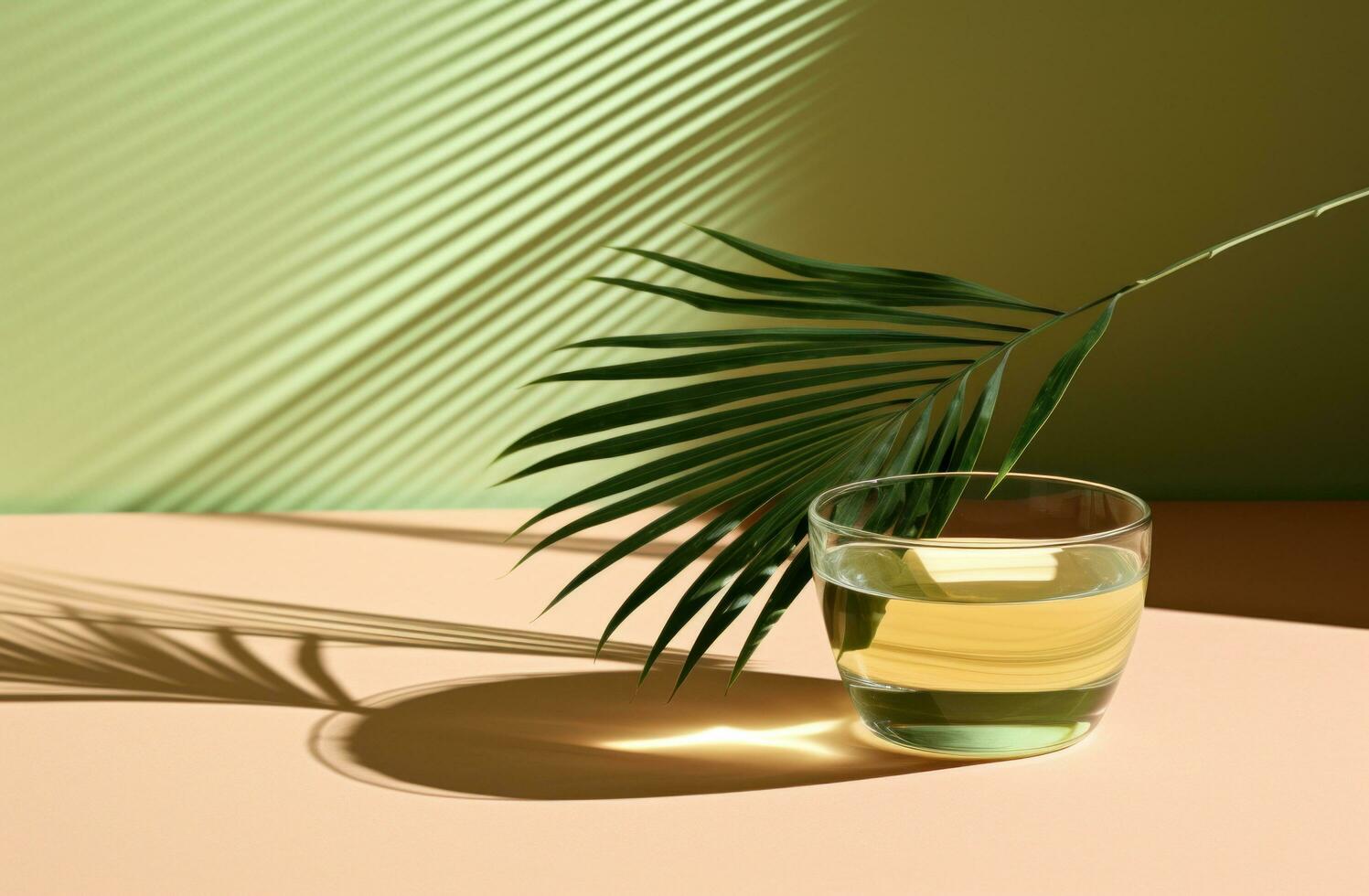 AI generated the shadow of a palm leaf is seen in the background over a green table photo