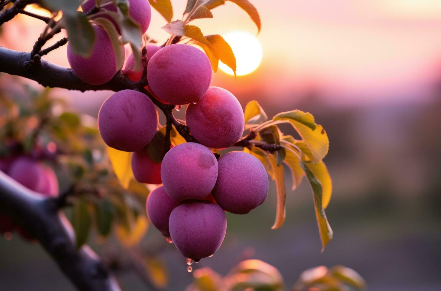 AI generated sun falling on a plum tree at sunset photo