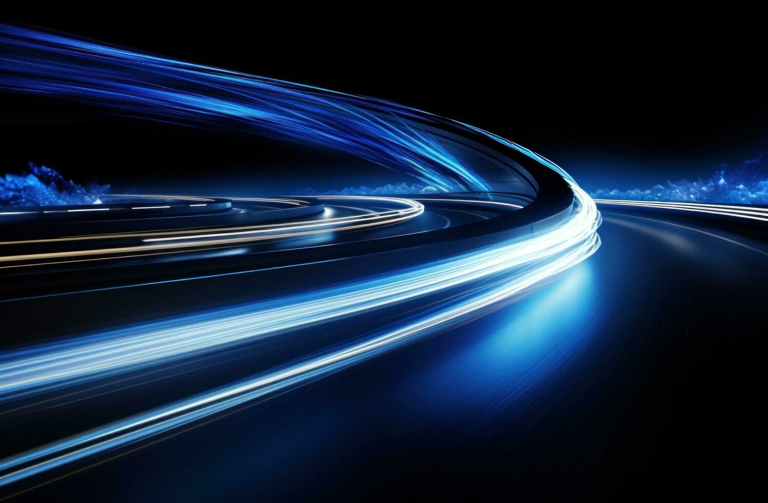 AI generated the light trails of cars on the road are in dark and blue photo