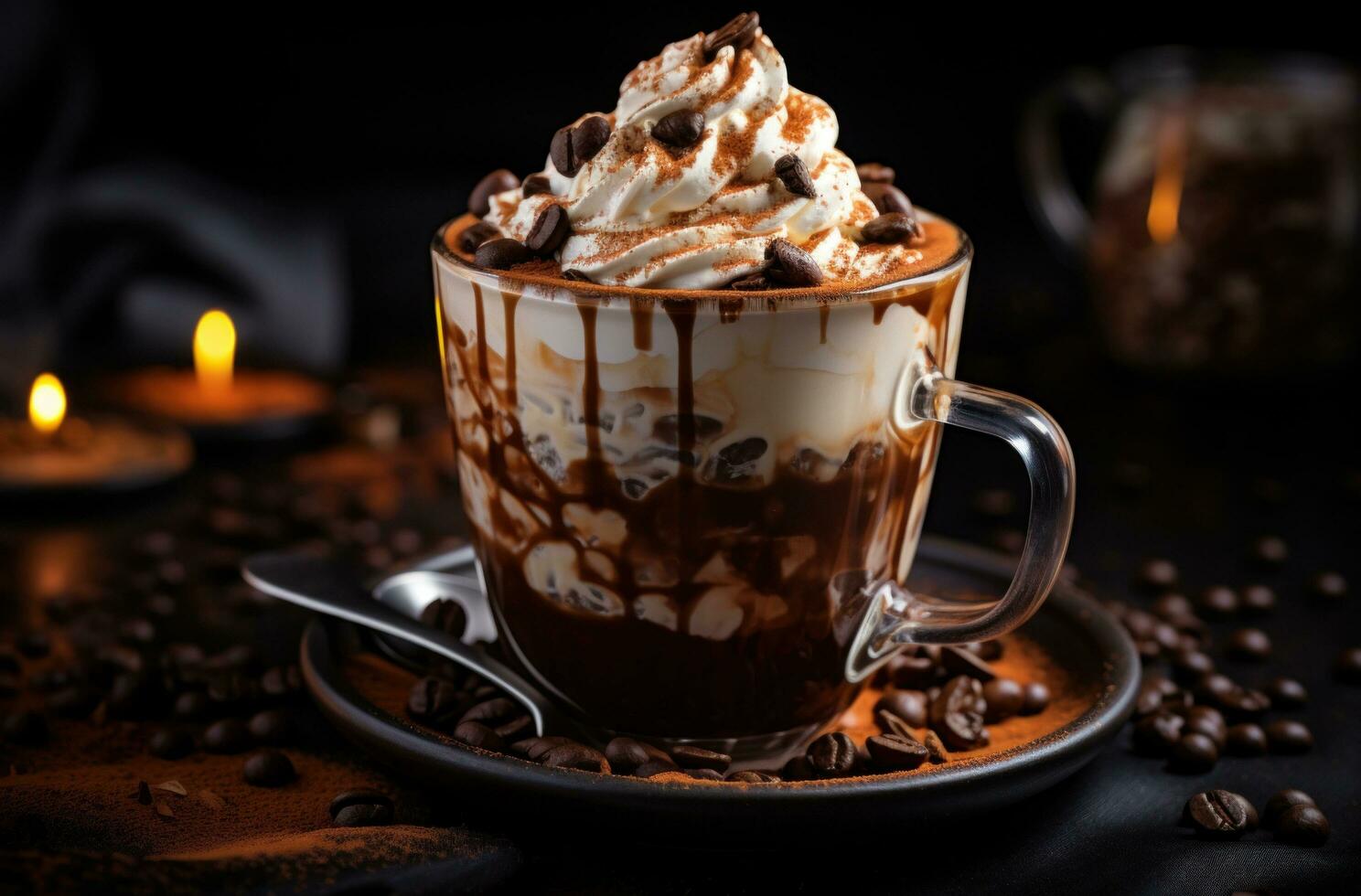 AI generated the hot chocolate made with cinnamon, whip cream and chocolate chips photo