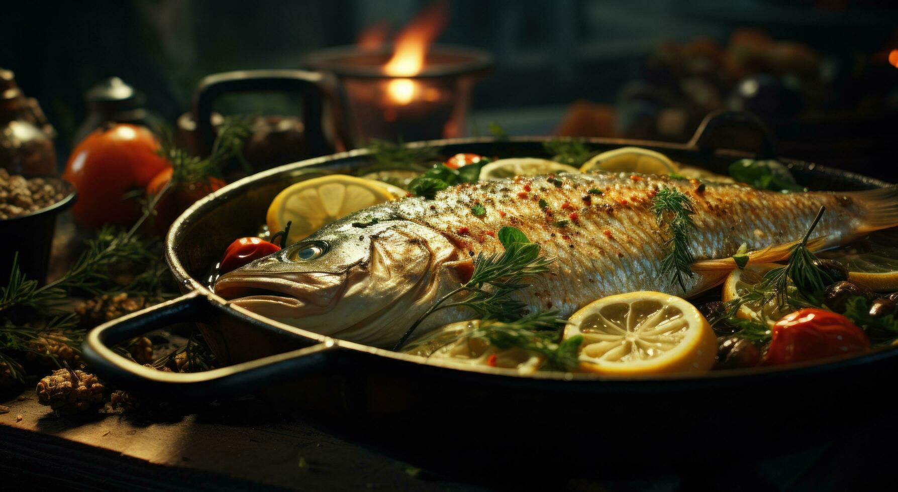 AI generated the pan has fresh fish and lemon slices around a fork photo