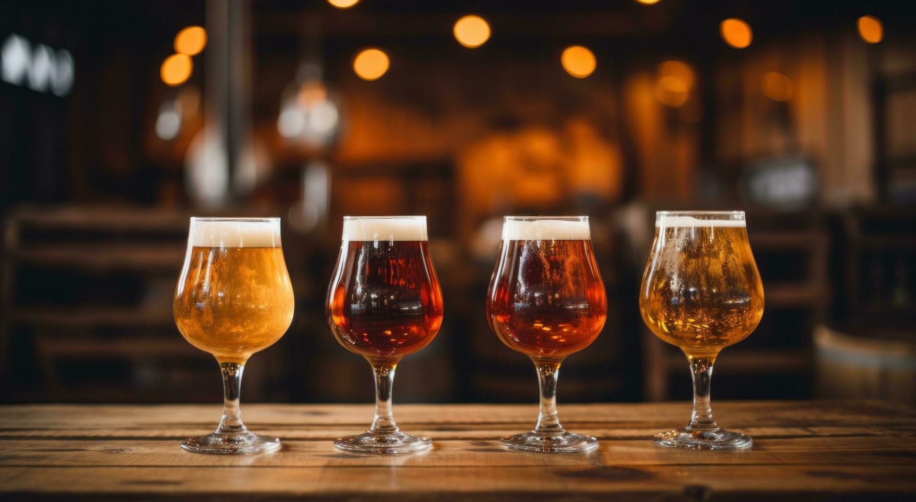 AI generated three beer glasses sitting on top of wooden table photo
