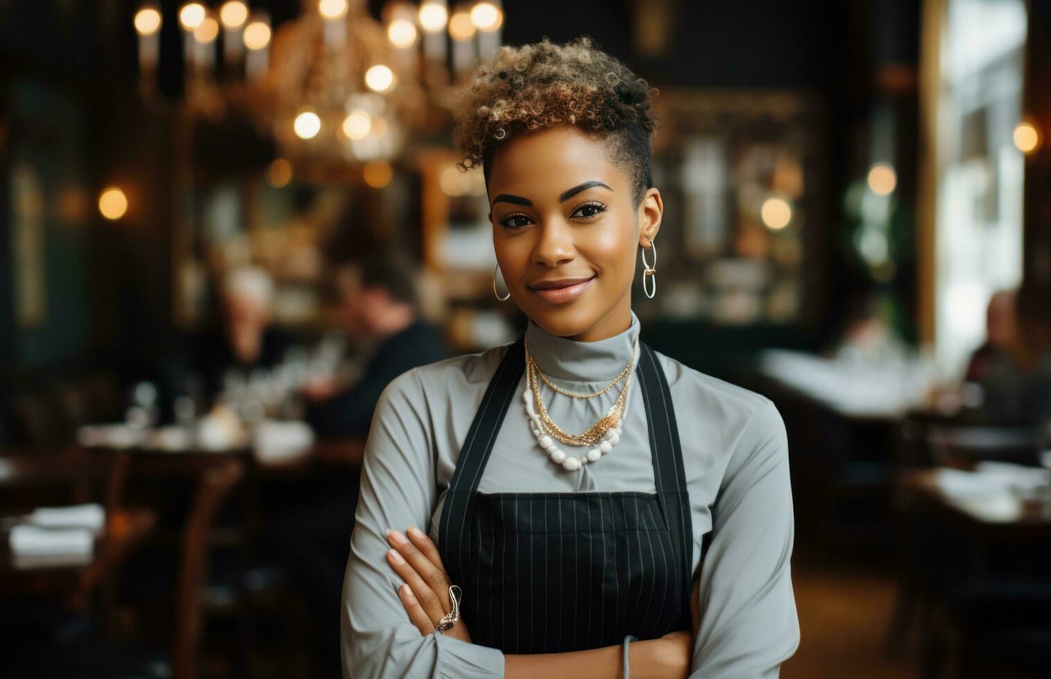 AI generated woman chef with a smile and arms crossed posing in a restaurant photo