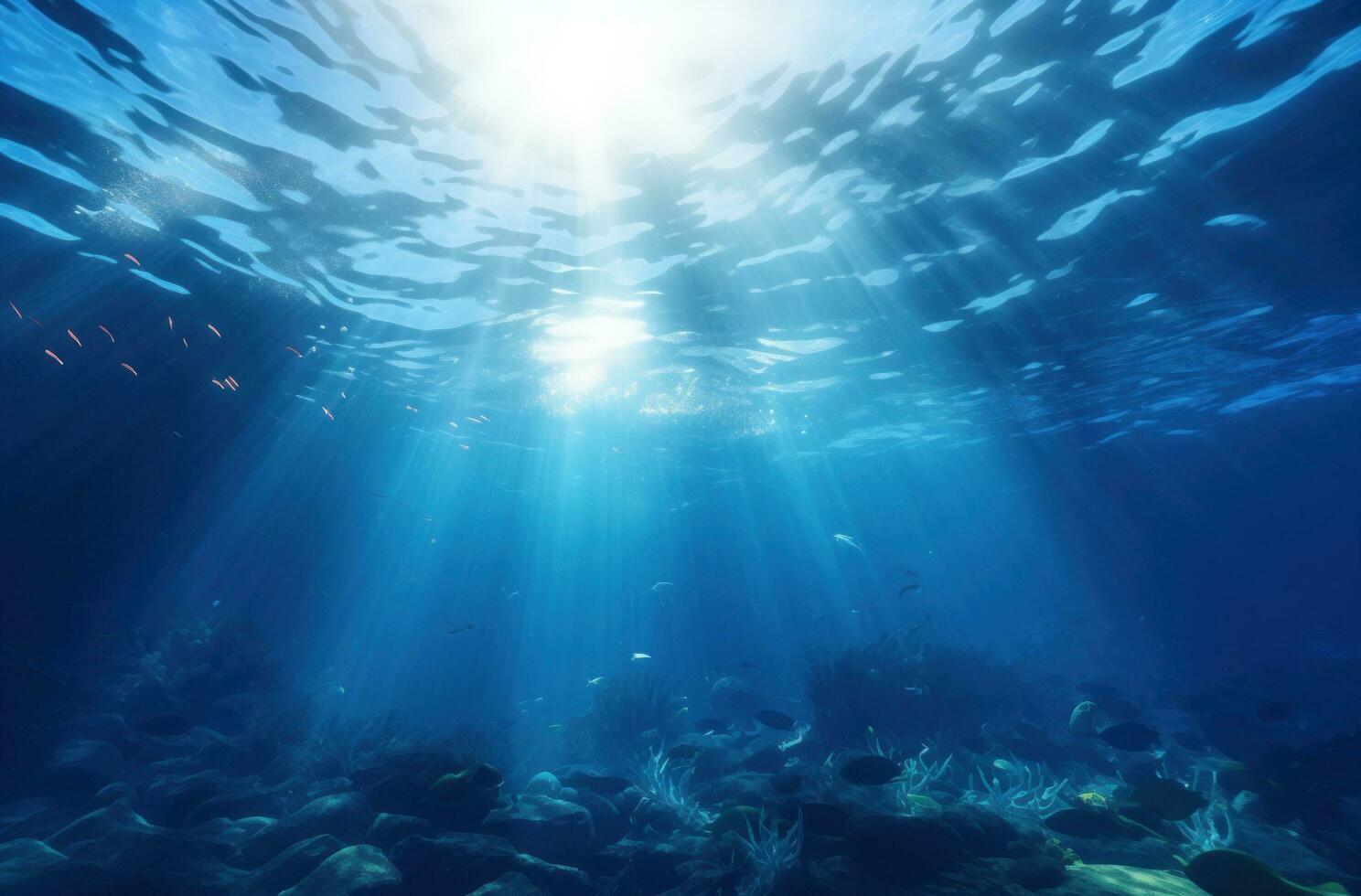 ai generado agua superficie con luz de sol debajo un azul Oceano foto