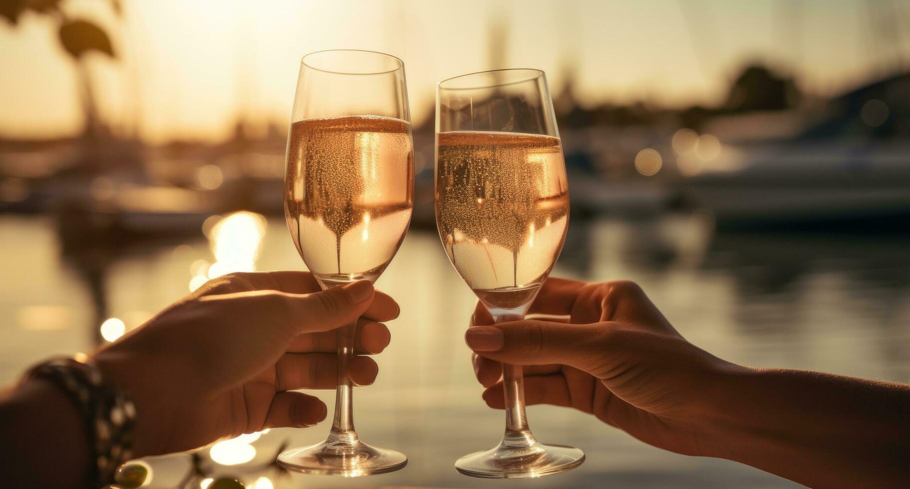 AI generated two people toasting champagne with a boat at sunset photo
