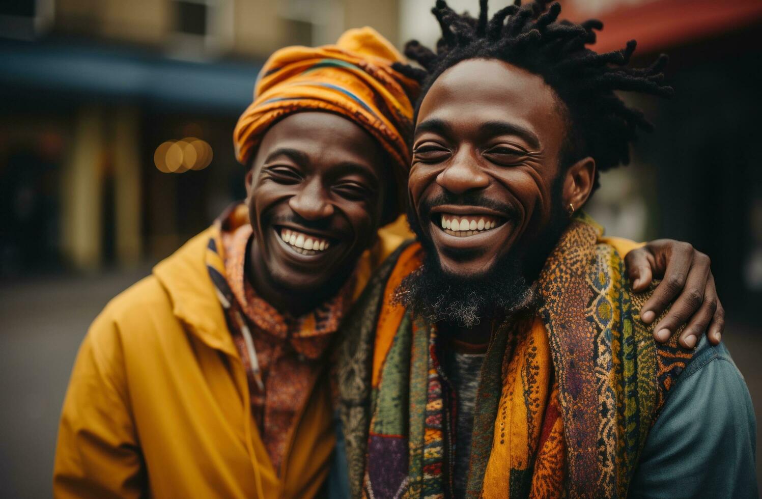 ai generado dos hombres son abrazando y teniendo divertido juntos foto