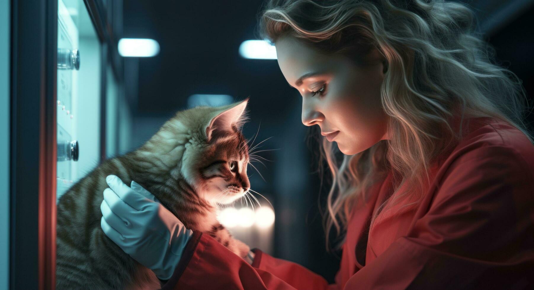 AI generated young woman in veterinary office checking the cat photo