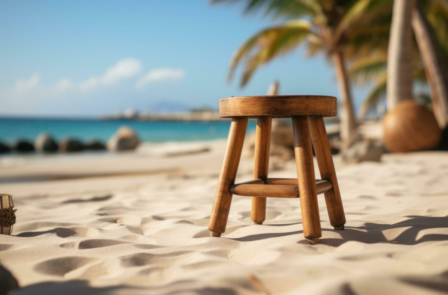 AI generated wooden stool on a beach near a palm tree photo