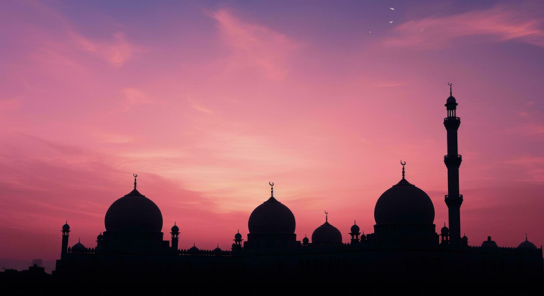 AI generated black and colored mosques silhouette under the pink sky, photo