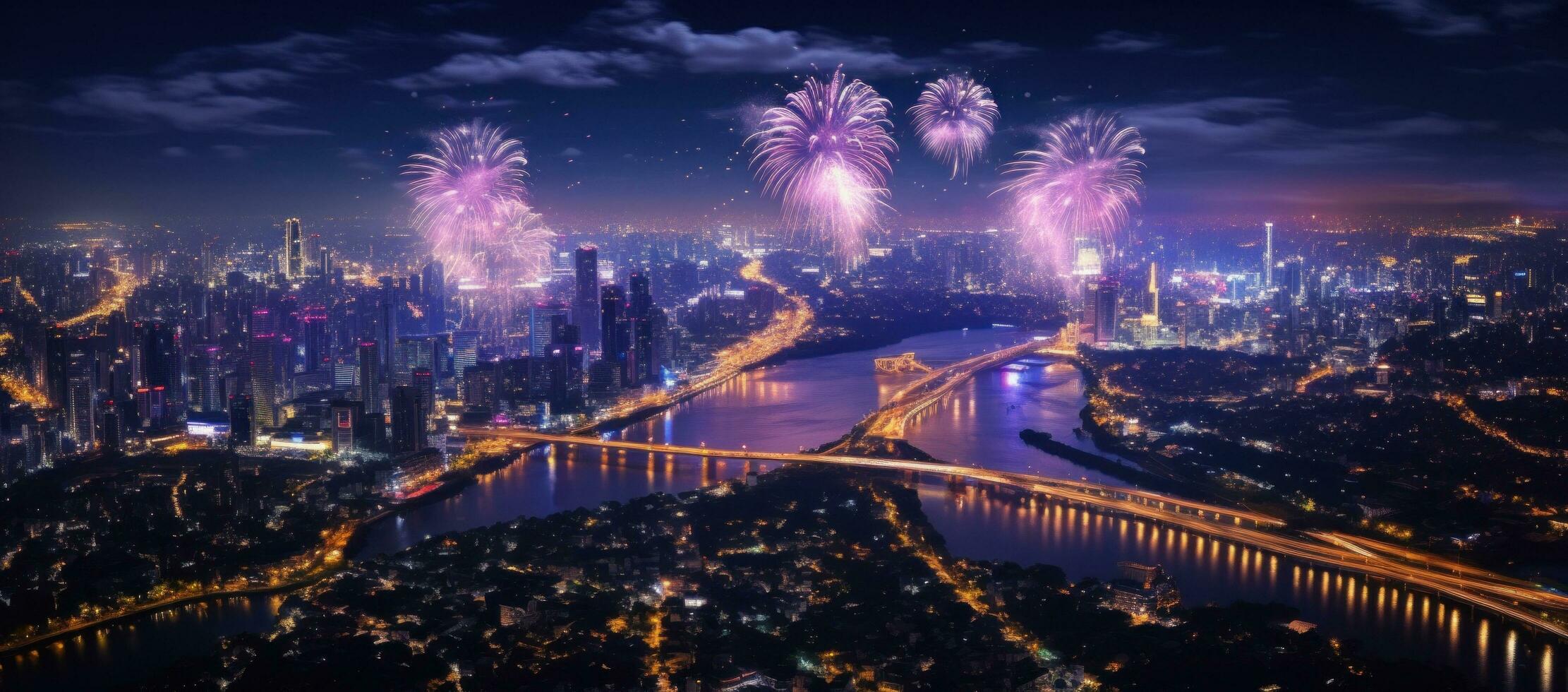 AI generated an aerial image of fireworks over bangkok as it light up the night sky photo